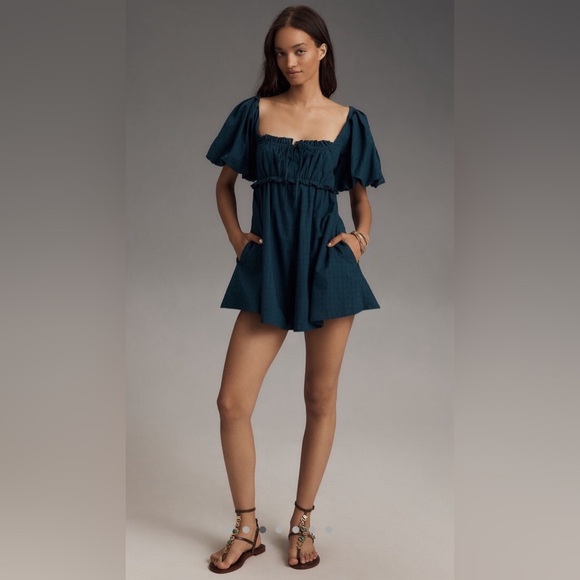 Pilcro Pants - Pilcro Puff Sleeve Dark Teal Romper